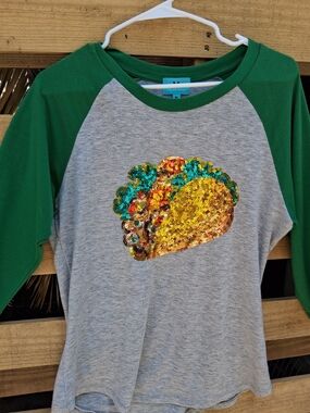 Green & Gray Sequin Taco Raglan Tee by